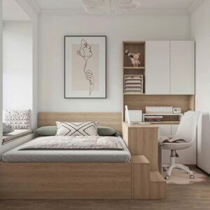 Bộ giường ngủ đa năng kết hợp bàn làm việc và tủ kệ lưu trữ, thiết kế thông minh tiết kiệm diện tích